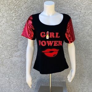 Denimland girl power sequin sleeves lipstick and lips bold graphic T-shirt